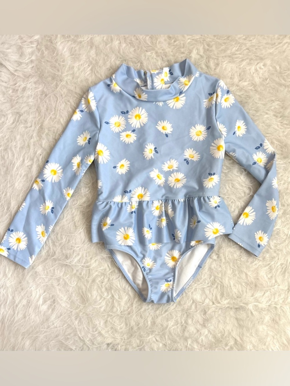 Carter's Girls Light Blue Daisy Print Long-Sleeve One Piece Peplum Swimsuit